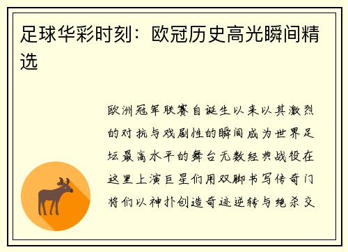 足球华彩时刻：欧冠历史高光瞬间精选