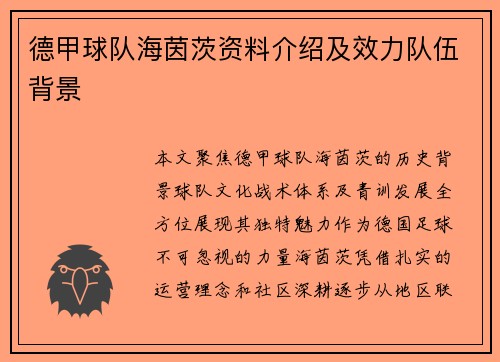 德甲球队海茵茨资料介绍及效力队伍背景